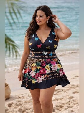Johnny Was Swim Dress 2X BLK Floral Butterfly Leopard Print One Piece Swimdress